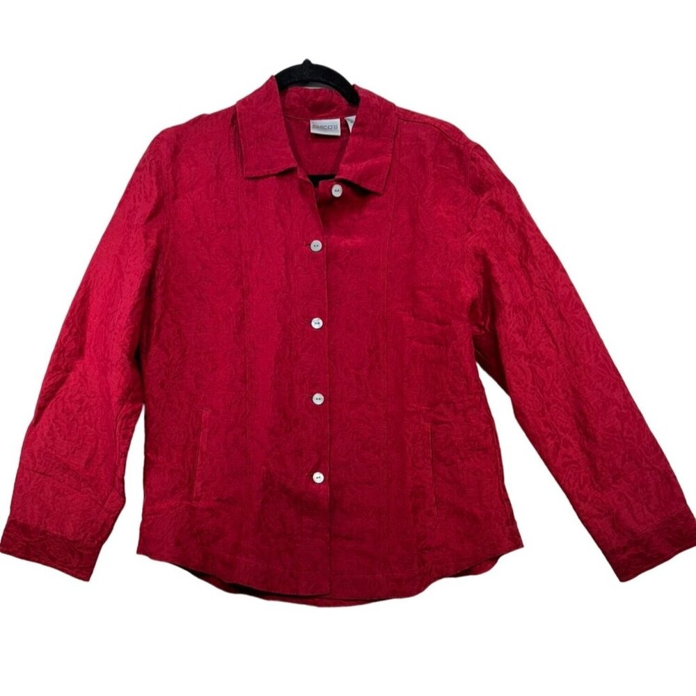 Chicos Red Button-Up Textured Shirt Womens Size 1 Linen/Cotton/Silk Blend